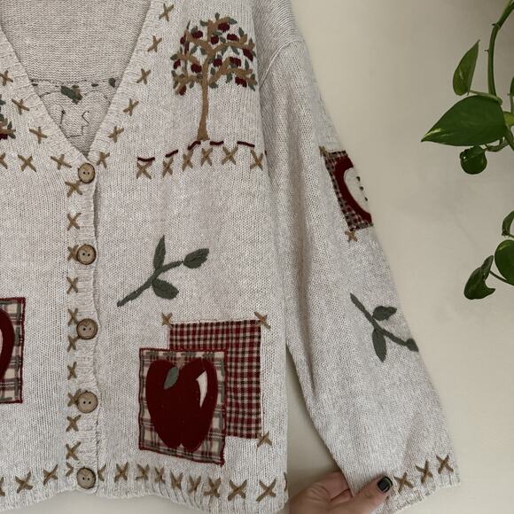 Vintage Mandal Bay Apple Patch Cardigan Sweater Linen Cotton Cottagecore Size L - Picture 5 of 10